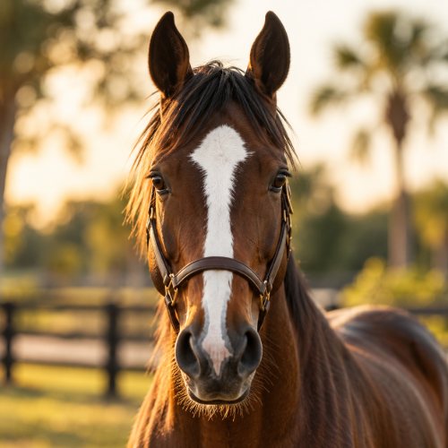 Frankie, a bay off-track Thoroughbred gelding with a white blaze, looking straight at the camera in a leather halter
