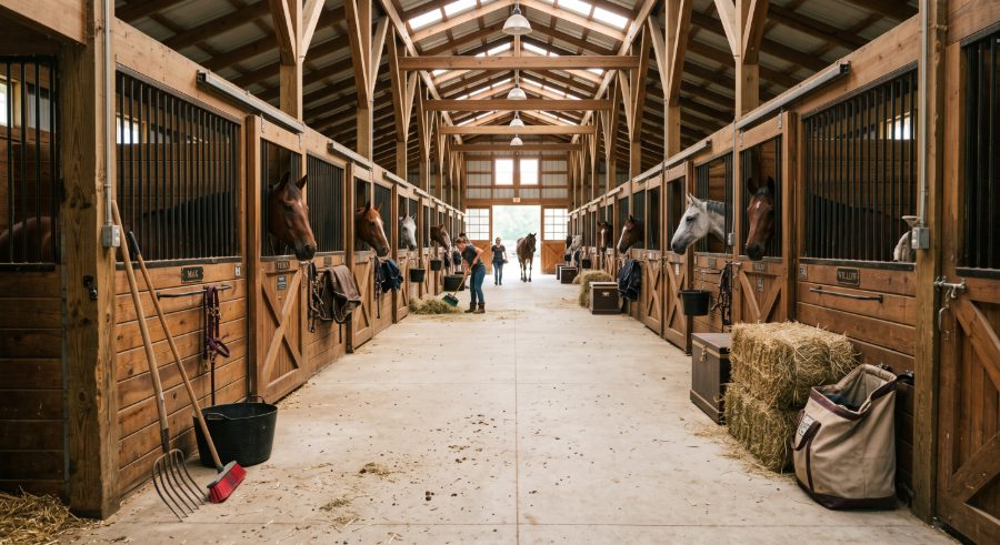 A clean, well-lit boarding barn aisle with horses looking out over their stall doors