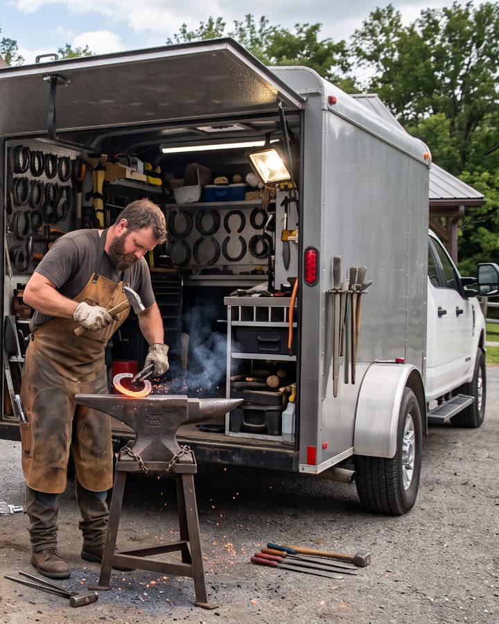 A farrier shaping a hot shoe on his anvil beside his open shoeing trailer and truck