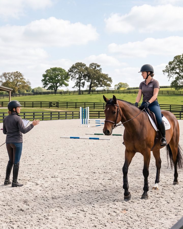 A trainer coaching a rider on a bay horse in a sand arena, with the barn and fenced pastures behind